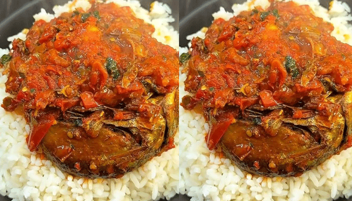 White Rice, Pepped Stew with Deep Fried Fish