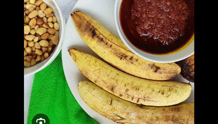 Roasted Plantain with Ukpaka or Stew Sauce and Groundnut
