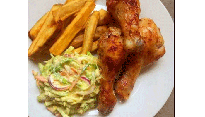 Potato Chips, Salad and Drumstick Chicken